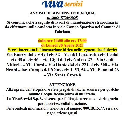SOSPENSIONE ACQUA 29 APRILE PER MANUTENZIONE ACQUEDOTTO IN VIA MATTARELLA